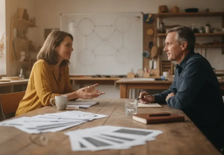 Small-business owner discussing revenue-based financing with a financial advisor