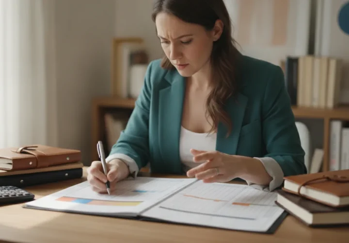 Small business owner reviewing payroll records and a cash-flow calendar at a desk