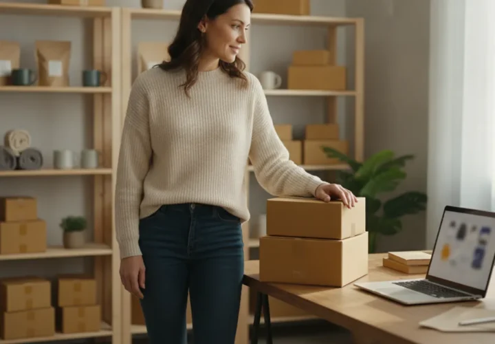 Ecommerce business owner reviewing online orders and inventory in a small warehouse